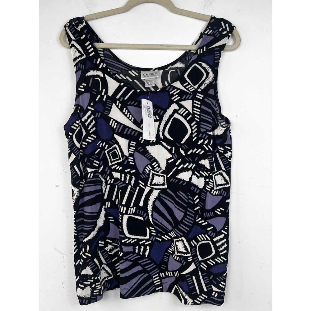 Chicos Travelers Tank Top Womens Size 3‎ Purple Black Geometric Sleeveless - Picture 2 of 11